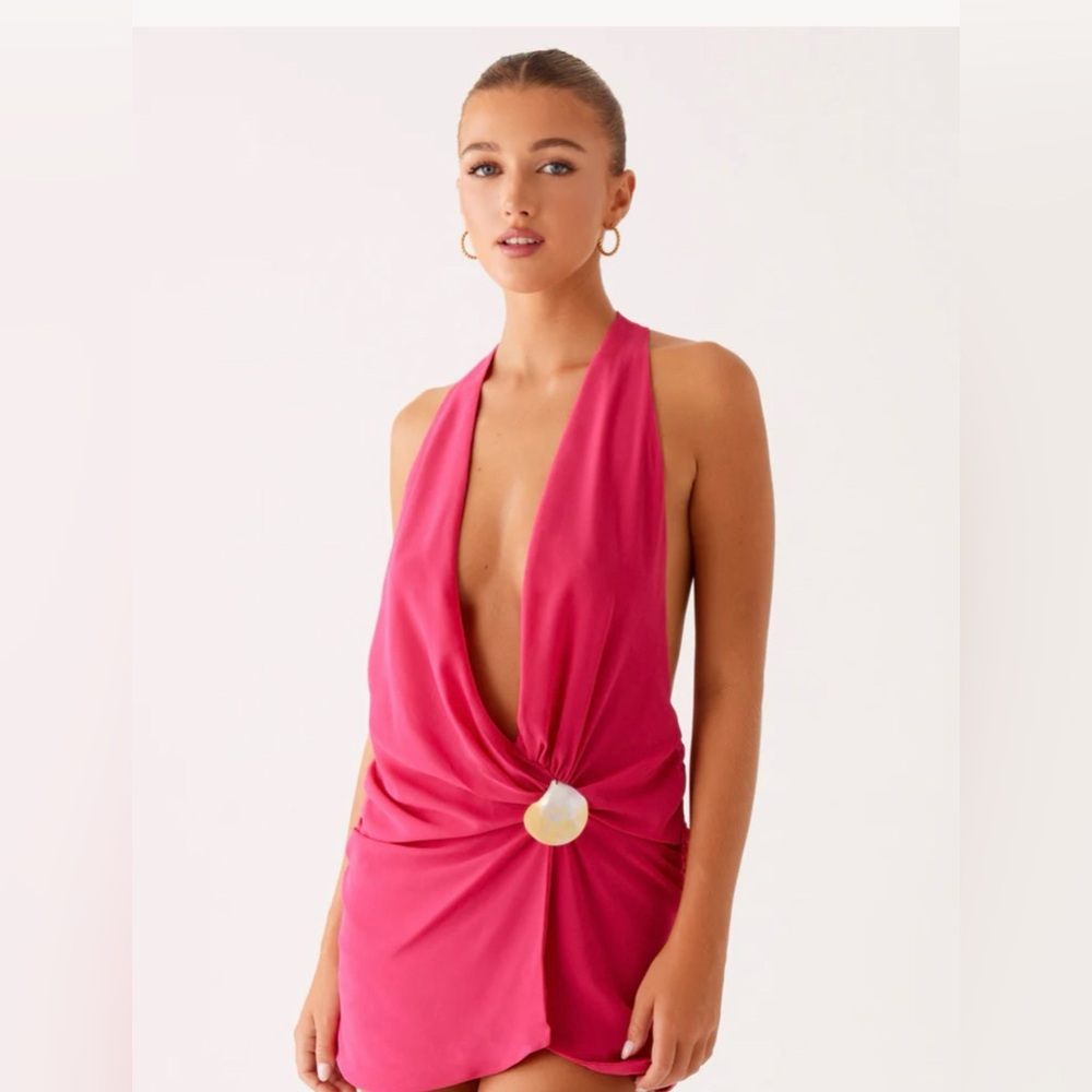Peppermayo Fuchsia Plunge Mini Dress with Shell Accent